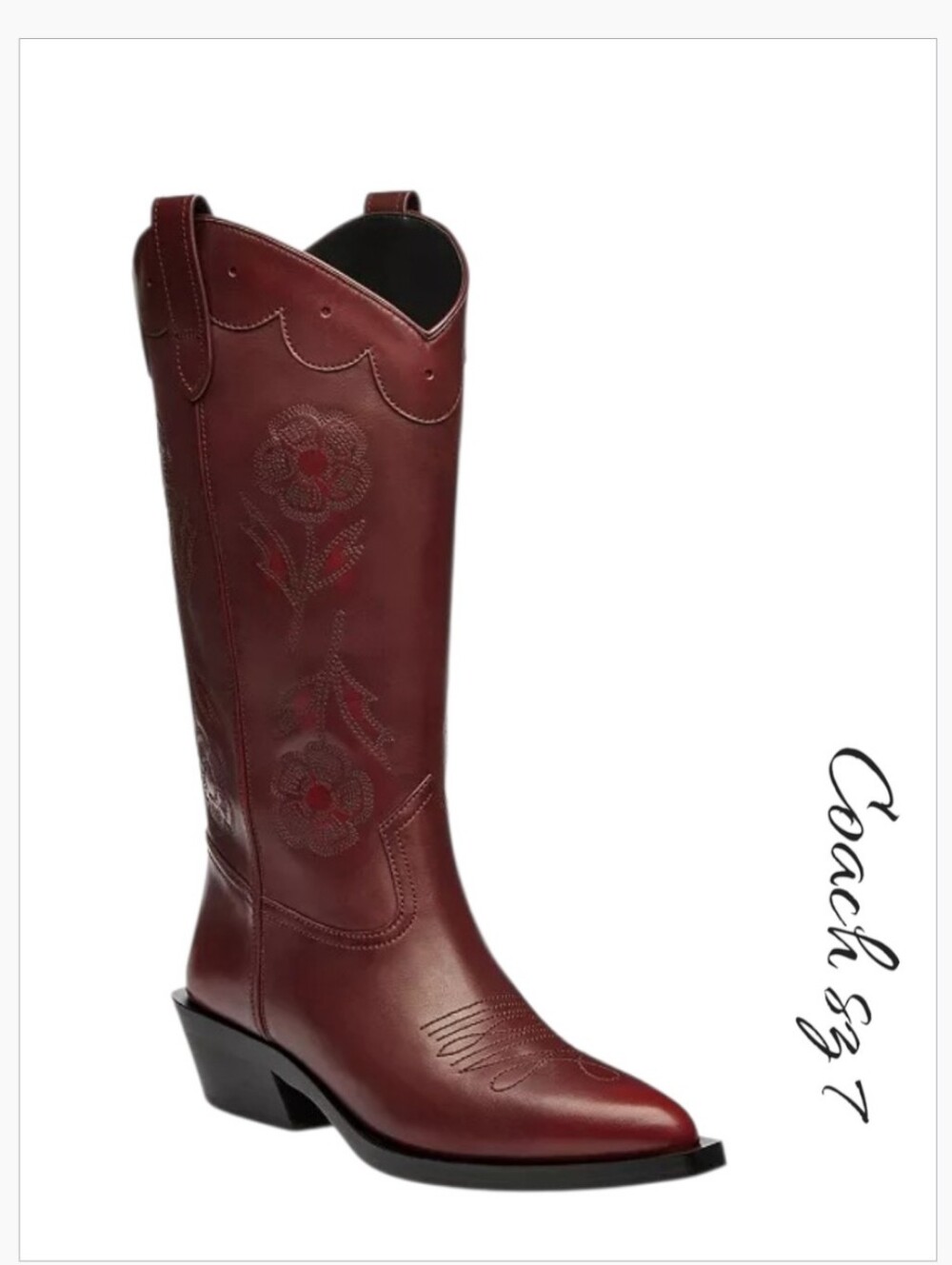 COACH Merlot Leather Aria Tall Cowboy Boots Embroidered Floral Western Sz 7